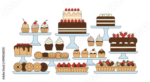 A colorful vector graphic of various sweet desserts on display stands