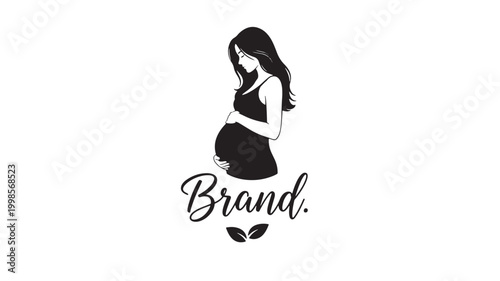 Woman pregnant silhouette logo with elegant long hair, maternity pose, handwritten brand text and leaf accents in minimalist style.