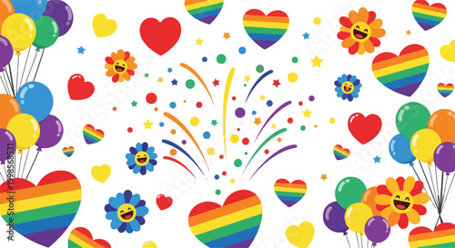 Rainbow heart and festive balloon background celebrating diversity pride and love with colorful floral spring elements.