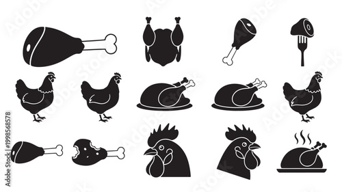 Chicken and rooster icons set with chicken coop, clucking poses, drumsticks, and food concepts in bold black silhouette style