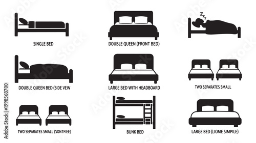 Bed icon set with single, double queen, bunk, and twin styles for premium furniture infographic and UI diagrams featuring side view, headboard, two
