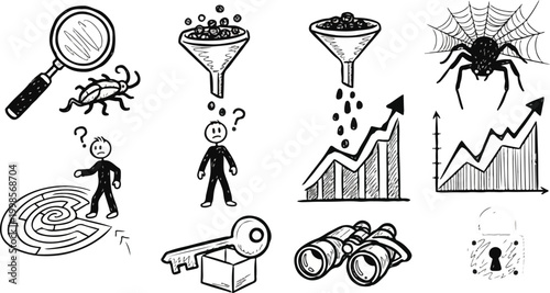 Set of business analytical icons featuring magnifying glass funnel spider web rising charts maze key lock and binocular.