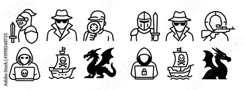 Fantasy icons with knight dragon pirate bold outline
