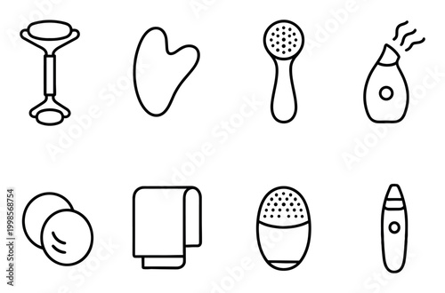 Beauty icons with roller gua sha brush outline