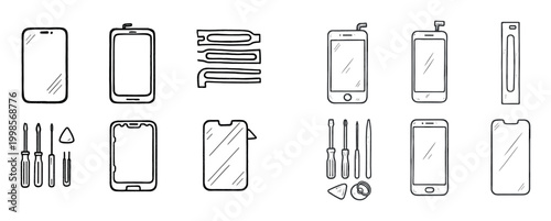 Phone repair icons with screwdriver screen tools outline
