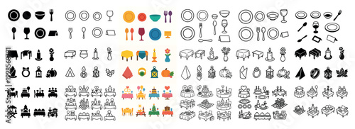 Dining icons with plate fork spoon flat minimal