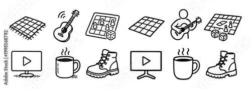 Leisure icons with guitar board dice outline