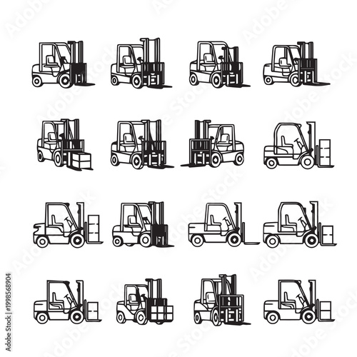 Outline illustrations of forklifts in various industrial settings and actions