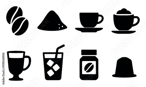 Coffee icons with bean cup glass solid