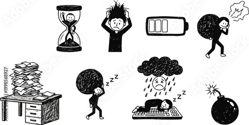 Stress and burnout doodle set, exhausted people, heavy workload, time pressure, emotional breakdown illustration.