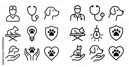 Pet care icons with dog cat paw outline minimal