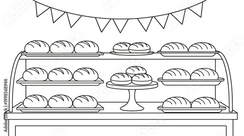 Bakery display with shelves of fresh bread and pastries for coloring pages  