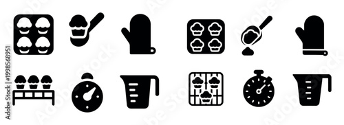 Baking icons with tray mitt timer bold style