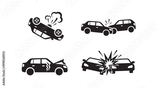 Car crash icon set with black silhouette vehicles, impact sparks, debris smoke, and collision arrows for hazard alerts featuring vehicle damage,