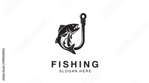 Fishing hook icon with a stylized fish and bold typography for a premium fishing brand logo featuring angler, catch, seafood with marine life and