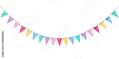 Festive pastel colorful triangular bunting flags hanging on a string isolated on a transparent background for celebration decorations