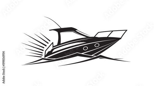 Speedboat icon with black and white racing lines, sleek hull, and bold vector style for premium transport branding featuring motorboat, yacht, fast