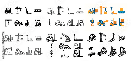 Construction icons with crane forklift excavator outline