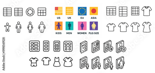 Apparel icons with shirt flag and size flat