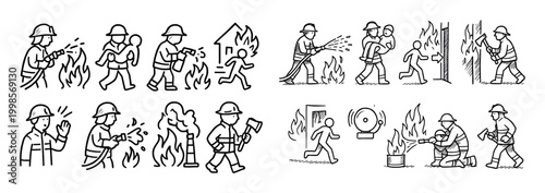 Safety icons with firefighter hose axe outline