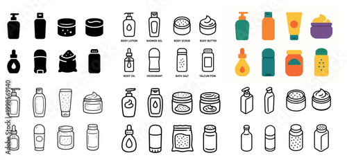 Personal care icons with bottle jar flat outline
