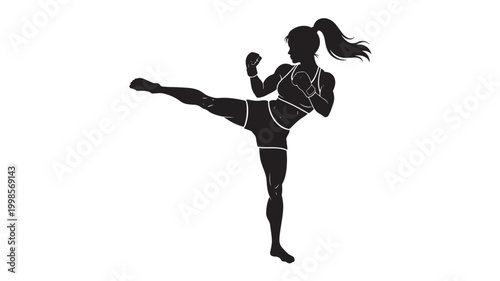Karate woman silhouette practicing martial arts stance with raised fist and balanced leg for fitness and self defense concept