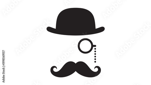 Man accessories icon set with black fedora hat, round monocle glasses, and curly mustache silhouette featuring single lens, grooming, vintage style