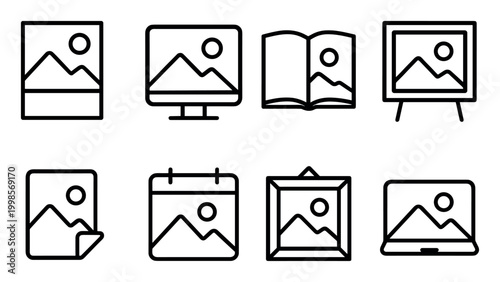 Photo icons with picture monitor book frame outline