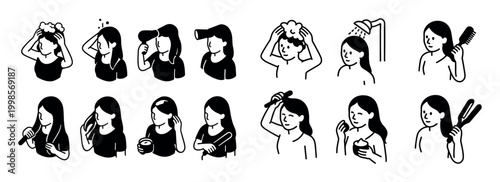 Beauty icons with woman hair brush minimal