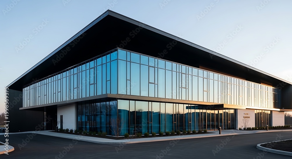 Fototapeta premium Modern glass office building exterior with sleek architectural design at dusk