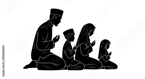 Eid ul Adha Muslim family praying, Islamic people, religious silhouette icons, black outline illustrations, family worship isolated on White Background vector