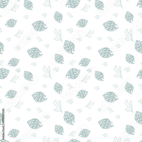 Minimal seamless seashell pattern in line art style with marine elements on black background. Modern coastal surface design.