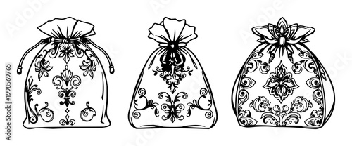 Bag set with intricate black line art design featuring silver bag, ornate patterns, decorative details with ornamentation and lacework