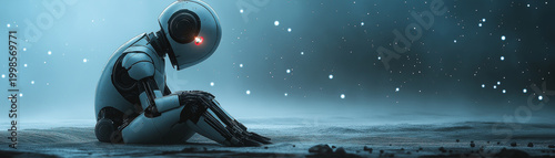 Ancient robot sitting in a starry landscape