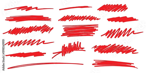 Set of hand drawn red pencil scribbles and rough brush strokes for graphic design