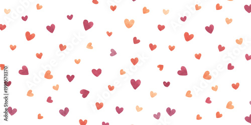 Seamless pattern with many small watercolor red and pink hearts