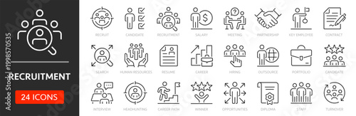 Recruitment line icon set. Editable Stroke. Headhunting, recruit, candidate, resume, interview, contract - stock vector.