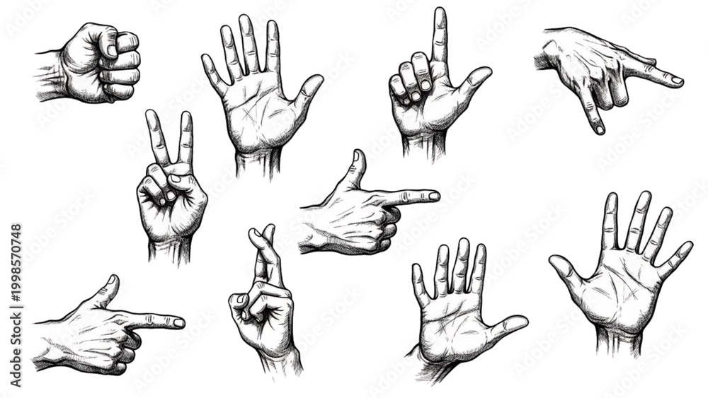 Fototapeta premium Set of hand gestures isolated on white showing different signs, signals and counting poses. A flexible visual toolkit for communication, instruction and universal messaging.