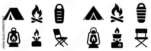 Camping icons with tent fire sleeping bag minimal