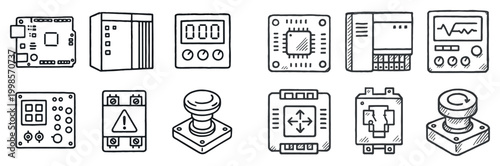 Electronics icons with board chip joystick sketch