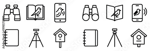 Birdwatching icons with binoculars book phone outline