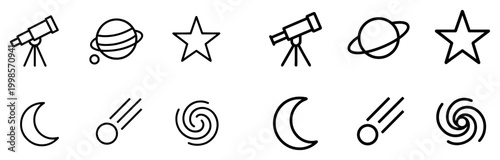 Space icons with telescope planet star outline
