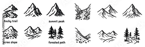 Nature icons with mountain trees hand drawn
