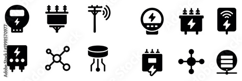 Electricity icons with transformer plug meter outline