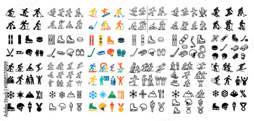 Winter sports icons and equipment in various styles