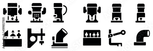 Industrial icons with drill press clamp elbow silhouette