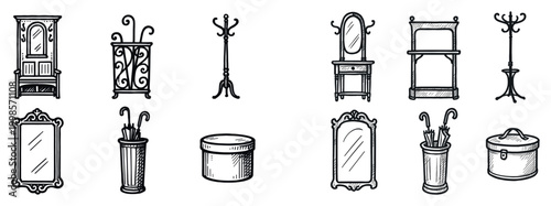 Vintage icons with mirror coat rack hatbox sketch