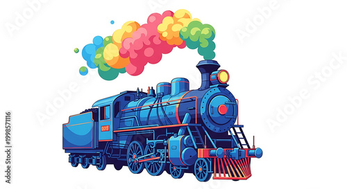 Blue and orange steam locomotive with colorful smoke clouds, vintage train