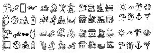 Summer beach icons with activities and accessories