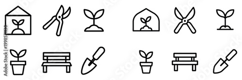 Gardening icons with greenhouse bench trowel minimal